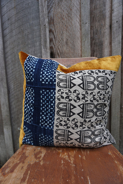 Yana - Blockprint with Vintage African Indigo and Velvet Pillow